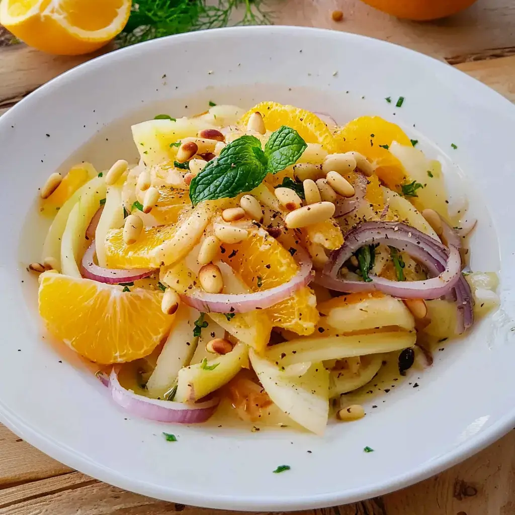 Ein knackiger Obstmix aus Äpfeln, Orangen, roten Zwiebeln, Pinienkernen und frischer Minze in einer weißen Schüssel.