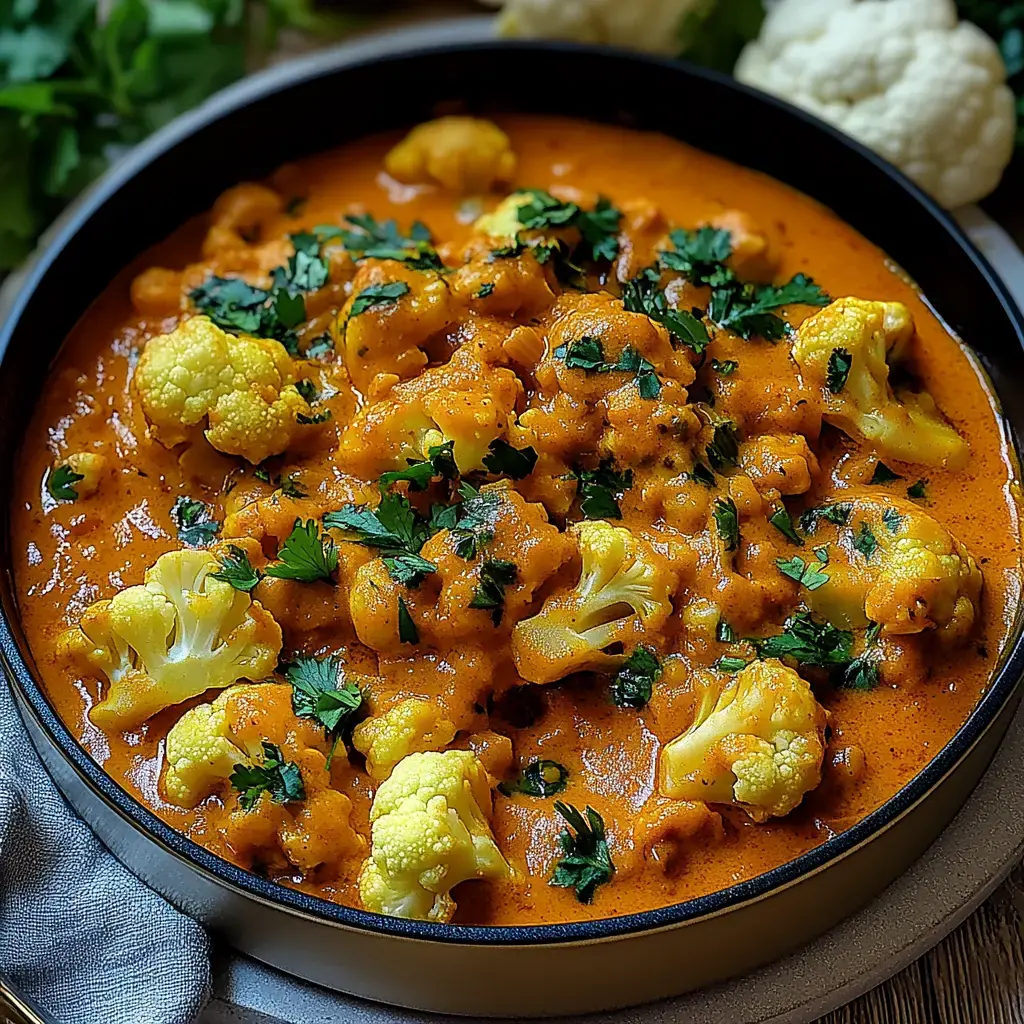 Gerösteter Blumenkohl in cremiger, orangener Sauce mit frischem Koriander getoppt.