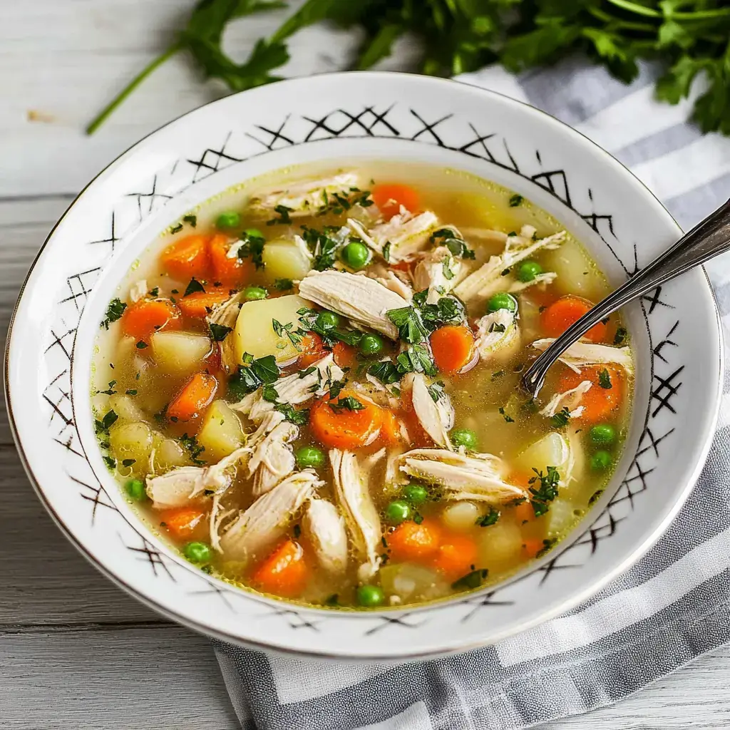 Ein Teller Hühnersuppe mit Fleischstücken, Möhren, grünen Erbsen und Kartoffelwürfeln, garniert mit frischer Petersilie.