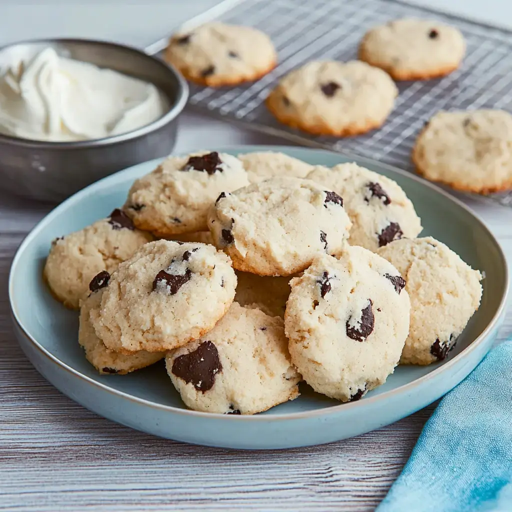 Auf einem Teller liegen frisch gebackene Cookies mit Schokostückchen und hinten sieht man eine Schale mit Sahne.
