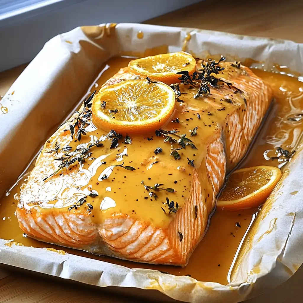 Ein Lachsfilet mit glänzender Honig-Orangen-Soße, garniert mit Kräutern und ein paar Orangenschnitten, ruht in einer Auflaufform.