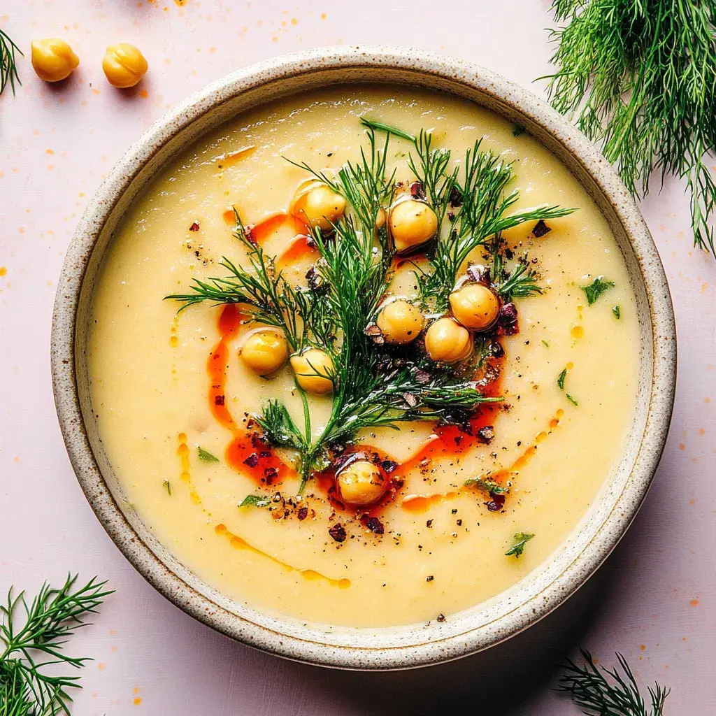 Cremige Schale mit Suppe, darauf Kichererbsen, etwas Dill, Gewürze und eine pikante rote Sauce.