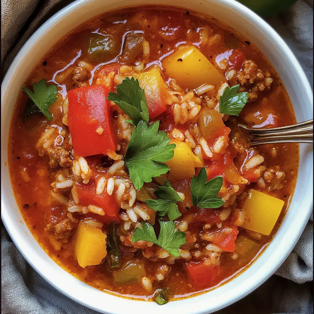 Schüssel voller bunter Suppe mit Hackfleisch, Reis, Paprika und Petersilie, richtig appetitlich angerichtet.