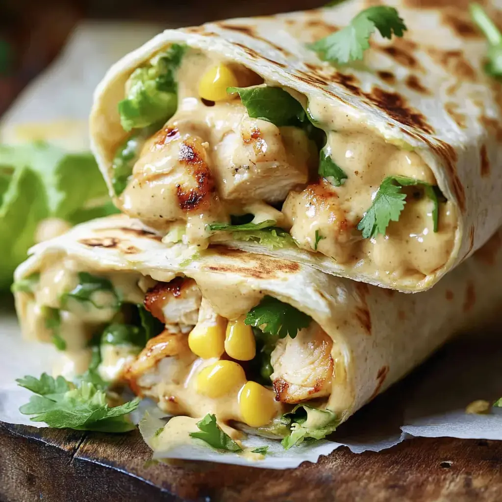 Gerollte Tortillas, prall mit Hähnchen, buntem Gemüse und cremiger Sauce, dekoriert mit Koriander.