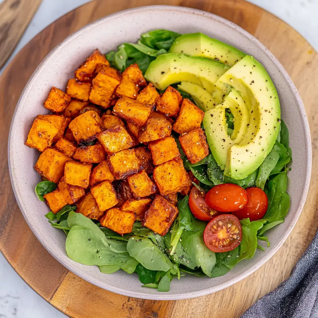 Eine Bowl mit Rucola, würfeligen gebratenen Süßkartoffeln, Tomaten und Avocado.