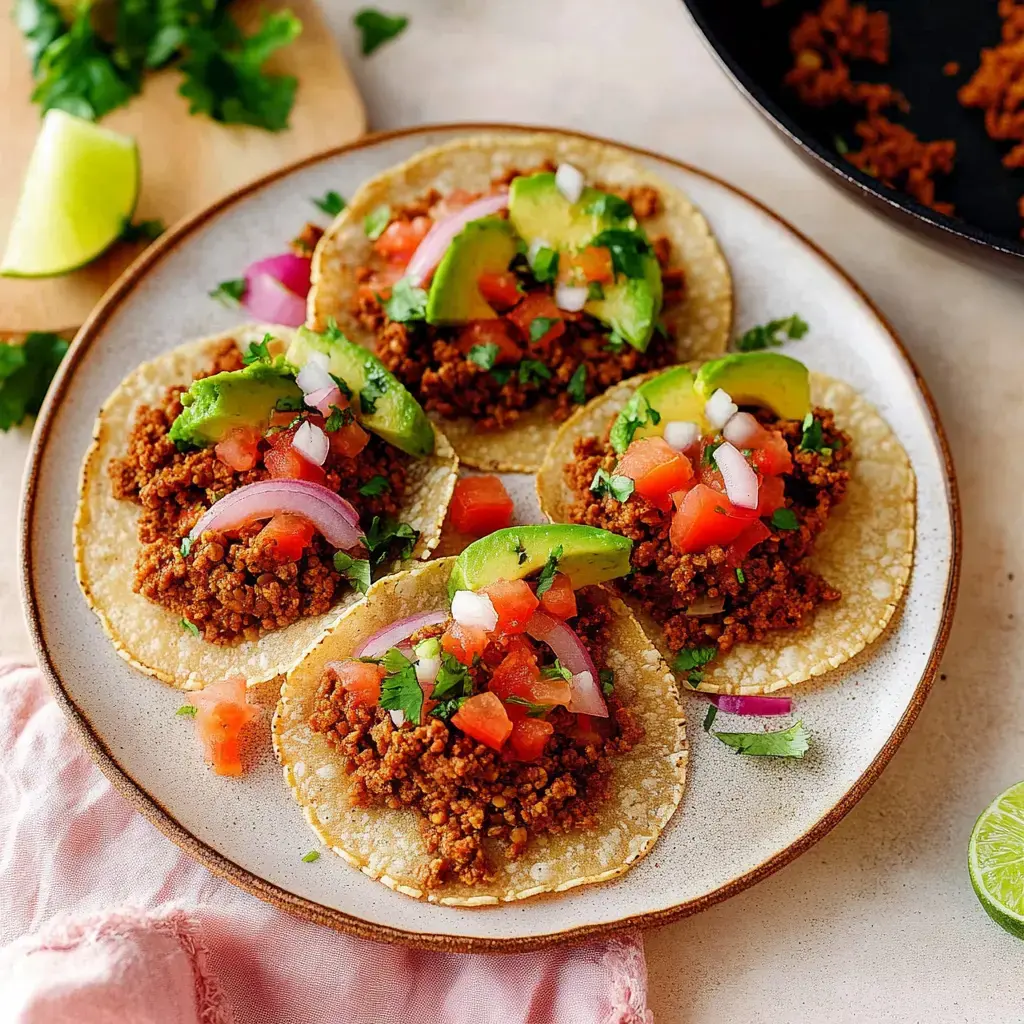 Auf dem Teller liegen Tacos, gefüllt mit würziger Hack-Mischung, Tomaten, Avocado, Zwiebeln und Koriander.