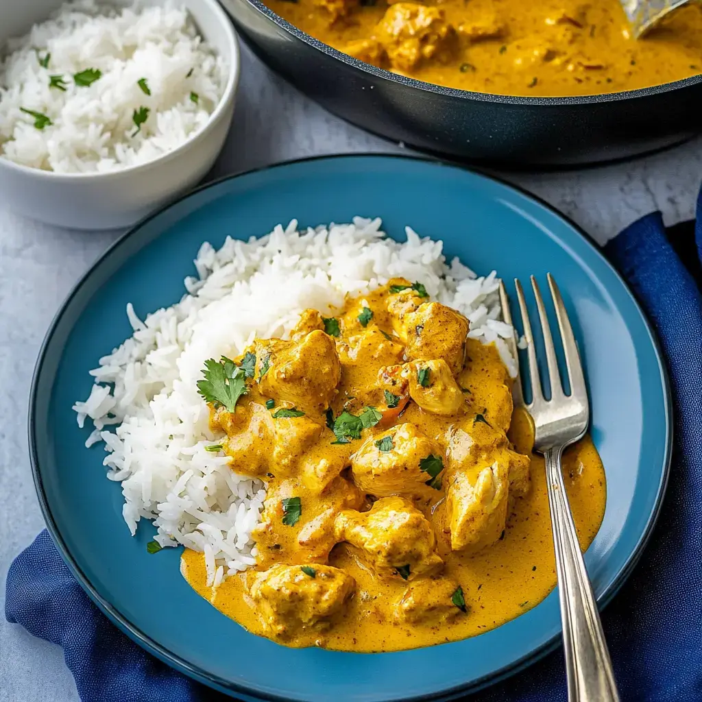 Hähnchenstücke in goldgelber Sauce mit Reis und grünem Koriander serviert.
