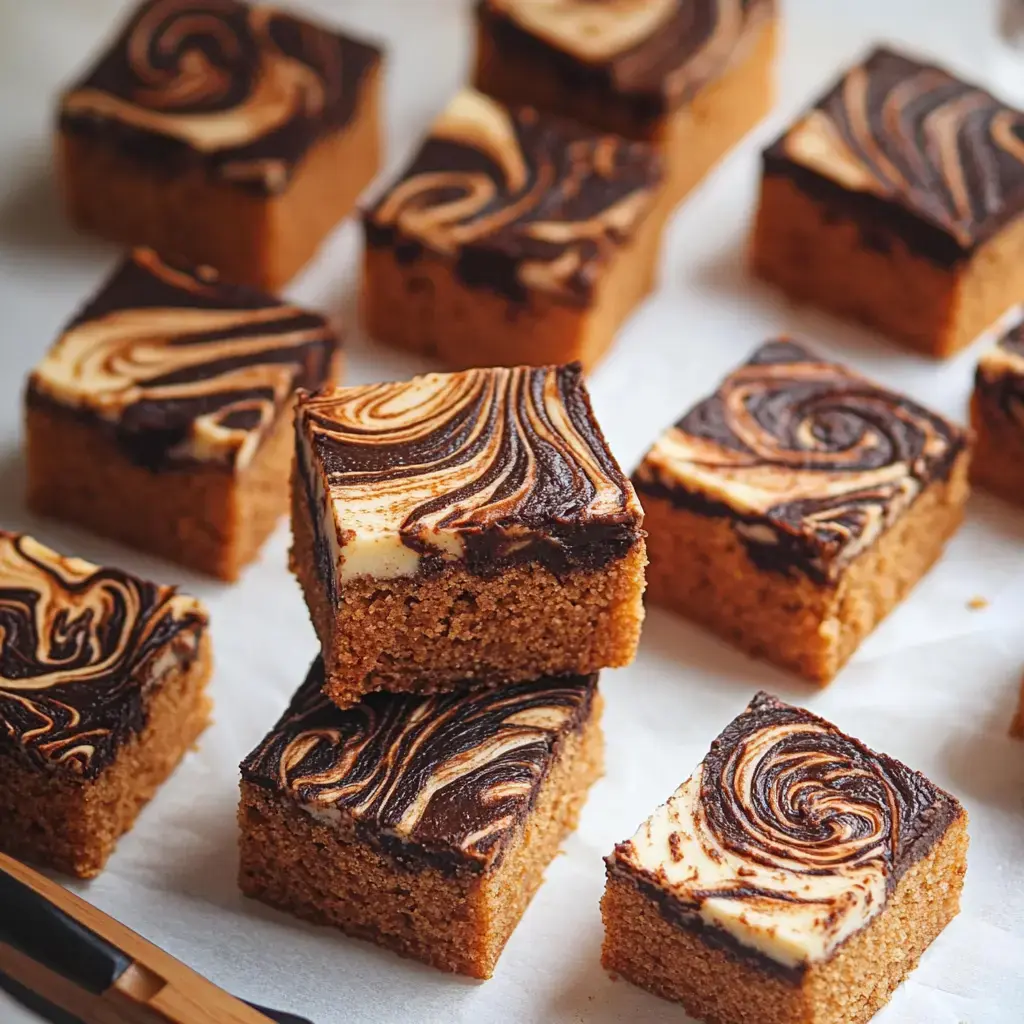 Feine, würfelförmige Kuchenstücke mit toller schokoladiger Marmorierung ruhen auf Backpapier.