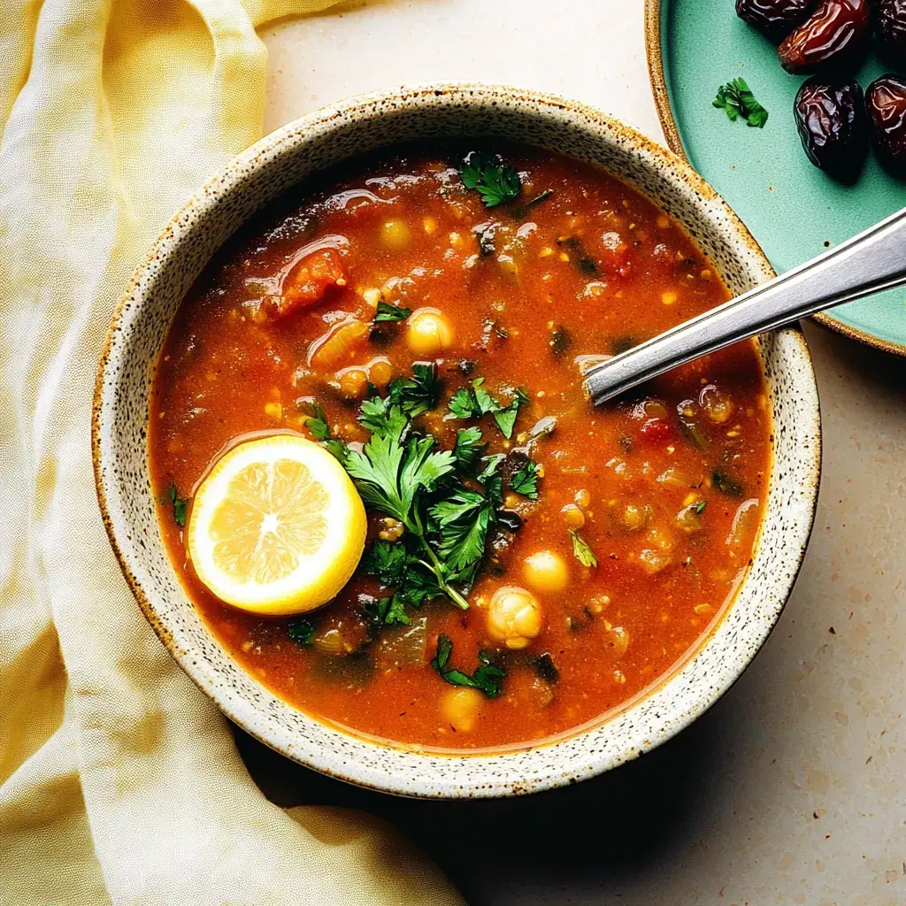 Auf einem Tisch steht eine dampfende Schüssel Linsensuppe mit Kichererbsen, dekoriert mit Koriander und Zitronenschnitz, daneben eine kleine Schale mit Datteln.