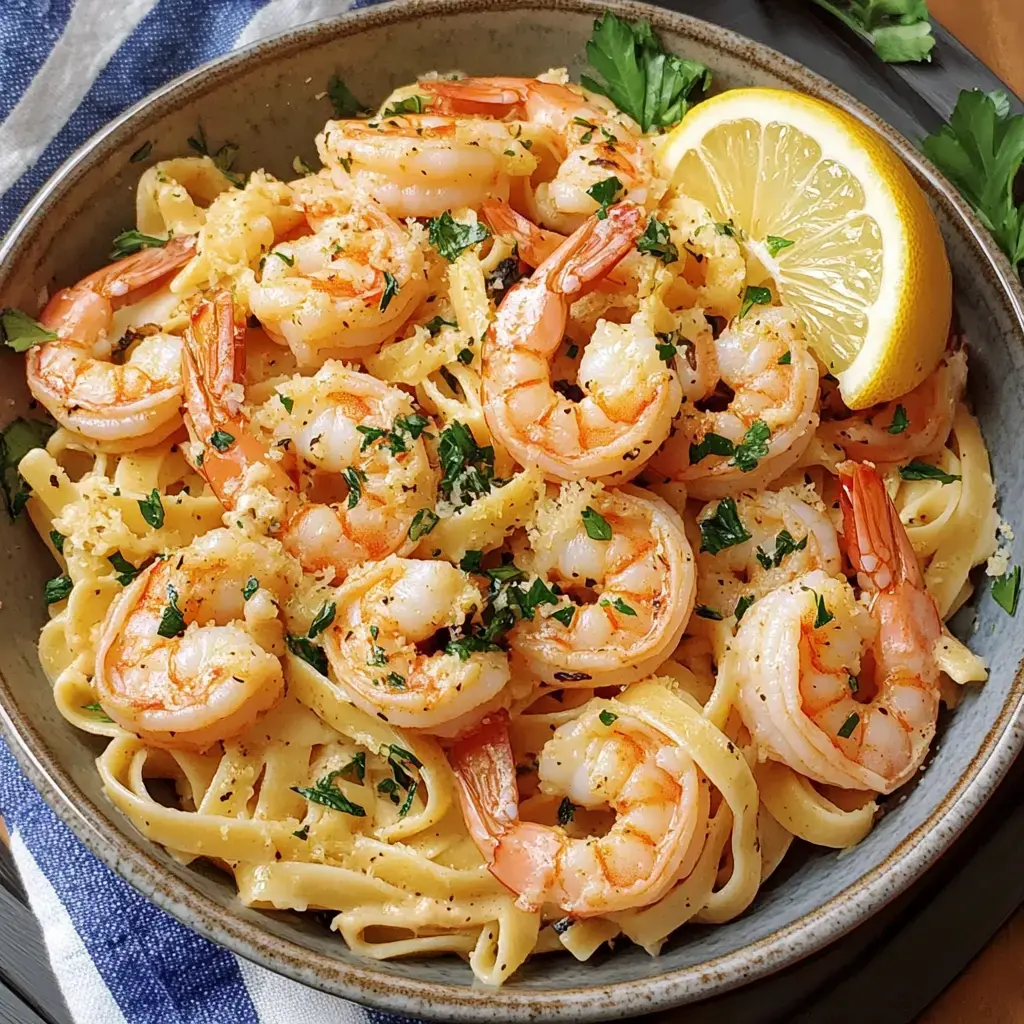 Ein Teller mit Linguine, verziert mit gebratenen Meeresfrüchten, grüner Petersilie und einem Zitronenstück.