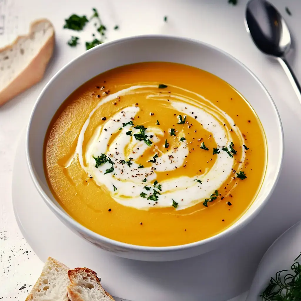 In einer Schale: pürierte Suppe aus Kartoffeln und Möhren, darauf ein Klecks Sahne, etwas Kräutergrün und Pfeffer, dazu gibt’s Brot.