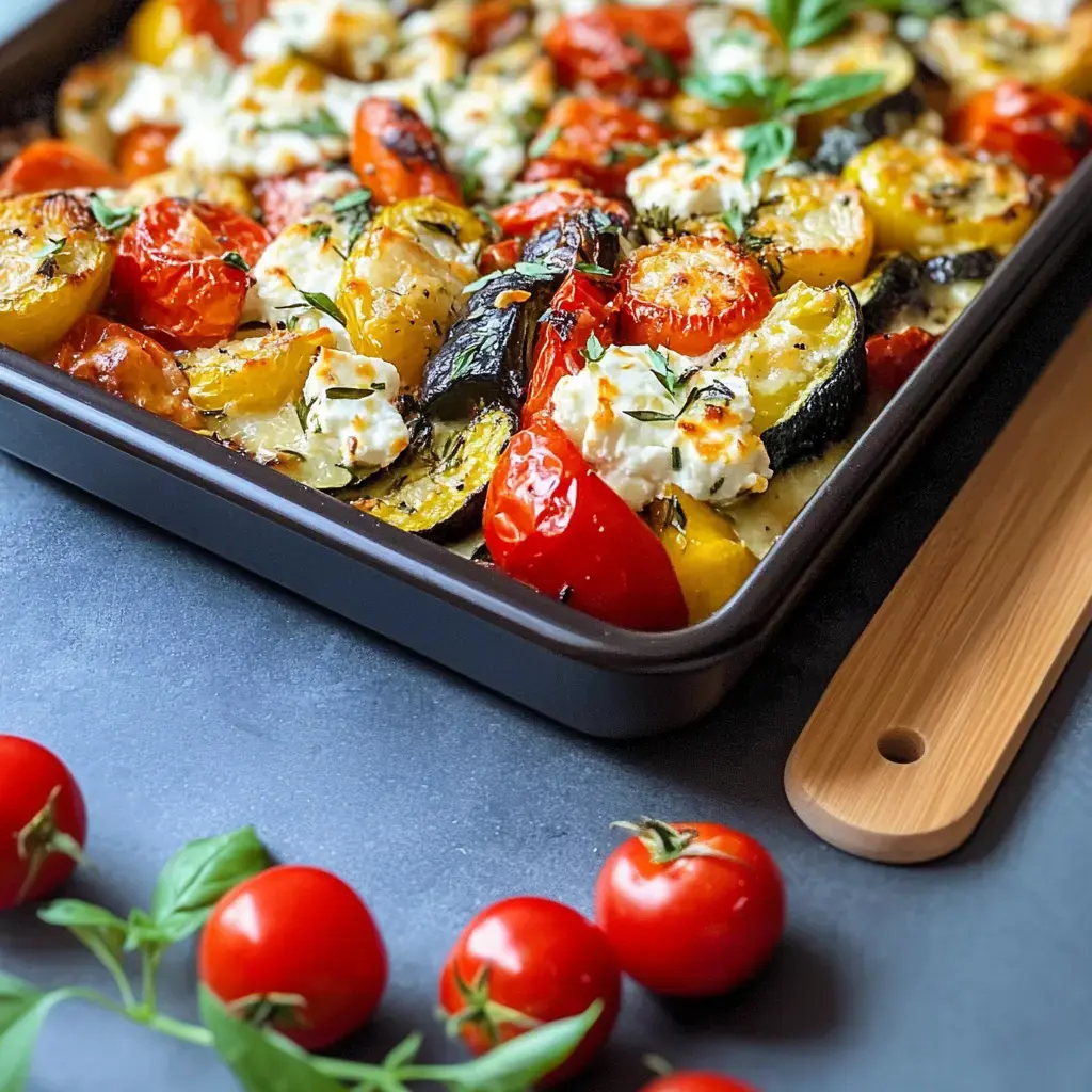 Auf dem Blech sieht man Tomaten, Paprika und Zucchini – darüber Feta und frische Kräuter.