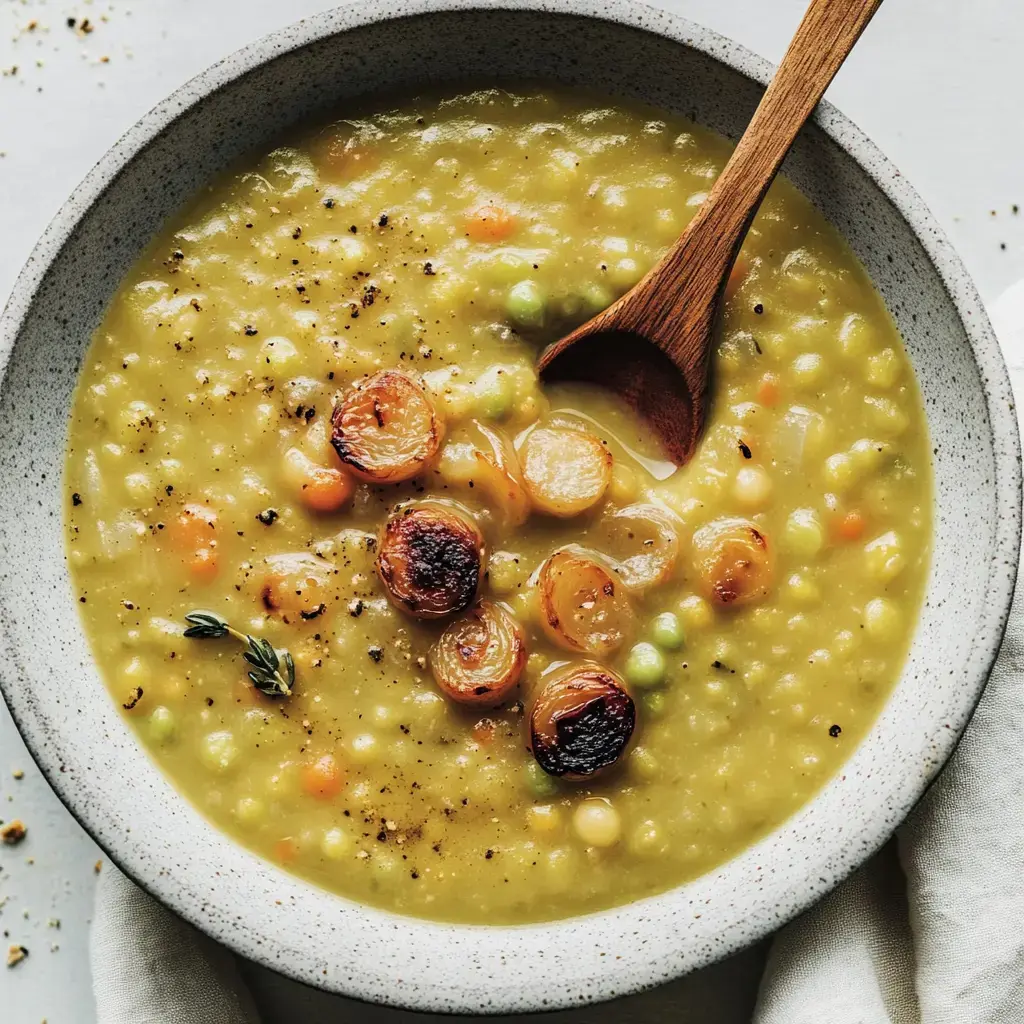 Cremige Erbsensuppe im Schälchen, oben drauf gebratene Zwiebeln, daneben ein Holzlöffel.