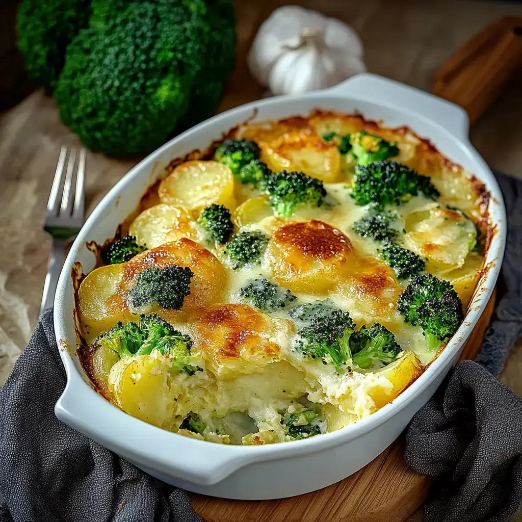 Kartoffeln und Brokkoli unter einer dicken Käse-Schicht in einer weißen Form, dampfend lecker serviert.