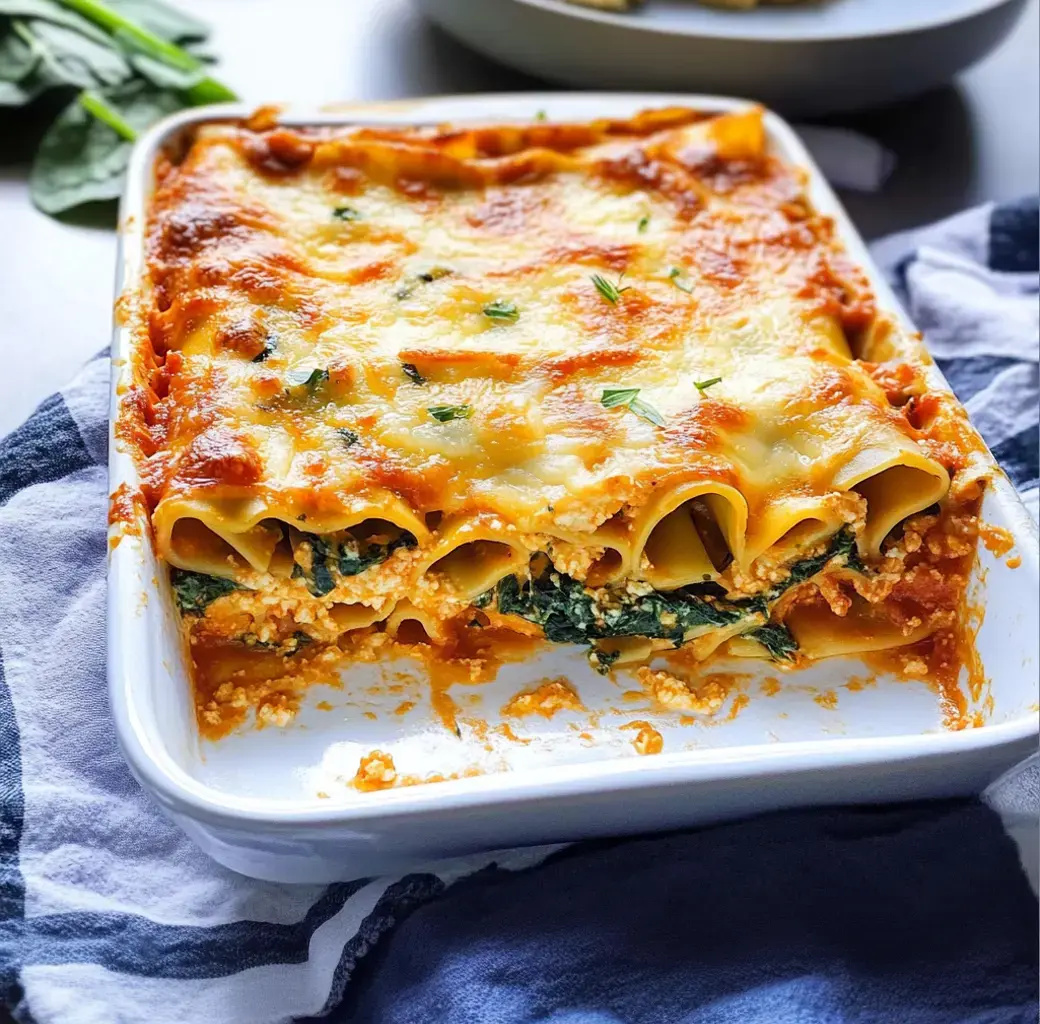 Überbackene Cannelloni mit Spinat und Ricotta, goldbraun mit geschmolzenem Käse aus dem Ofen.