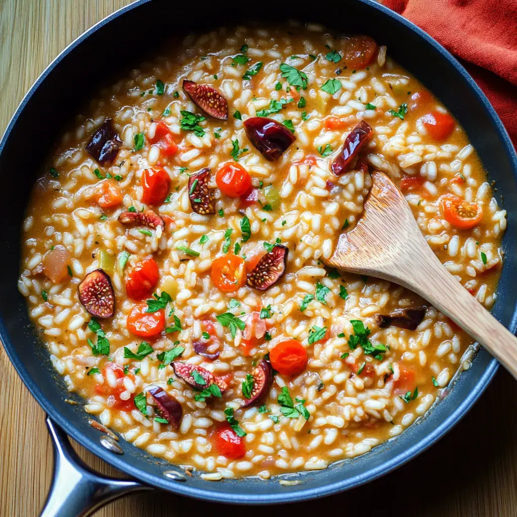 Im Topf liegt cremiger Reis mit Kirschtomaten und frischen Kräutern, angerichtet auf Holz.