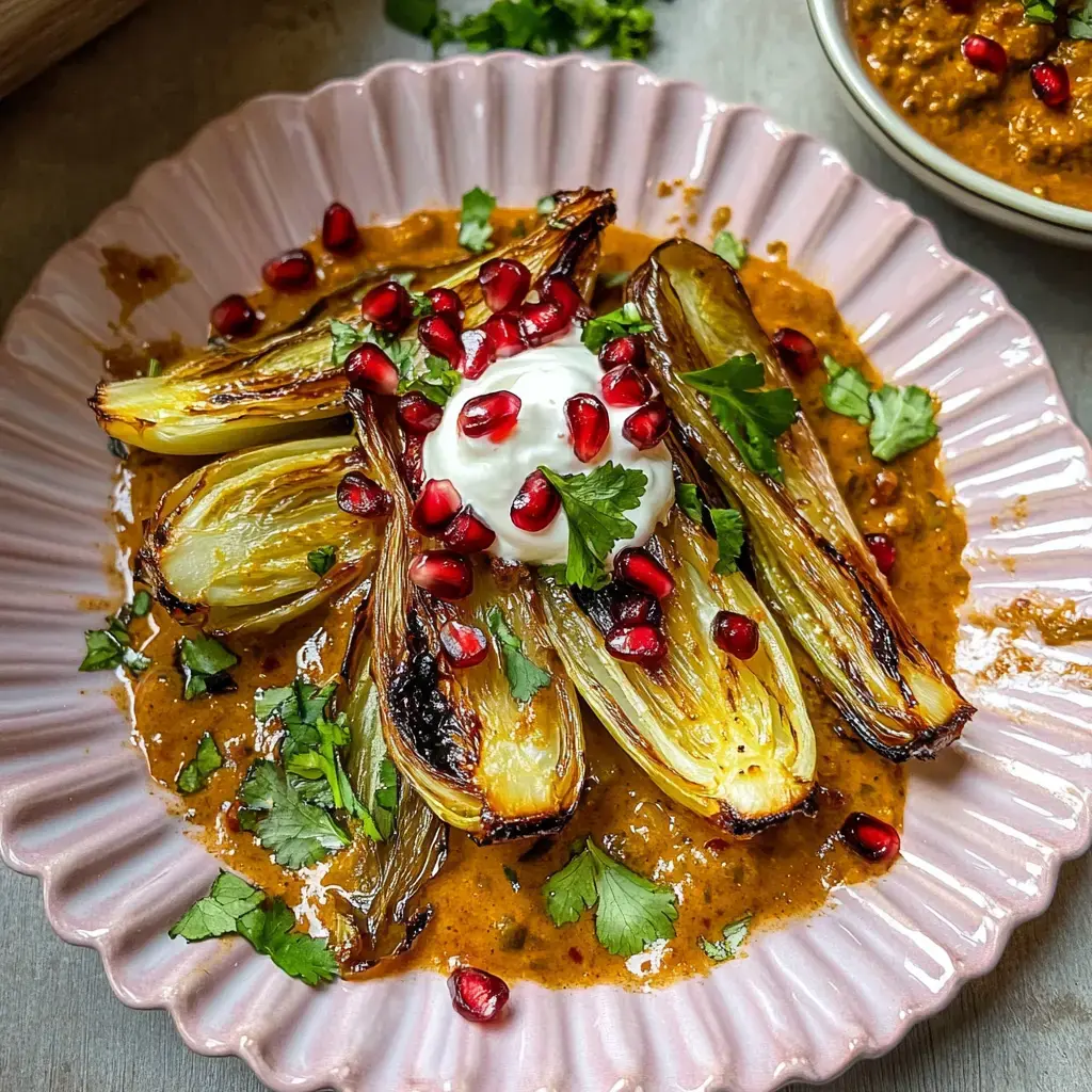 Gebratene Gemüsehälften auf einem rosa Teller, verziert mit Joghurt, Granatapfelkernen und frischem Koriander in einer gewürzten Sauce.