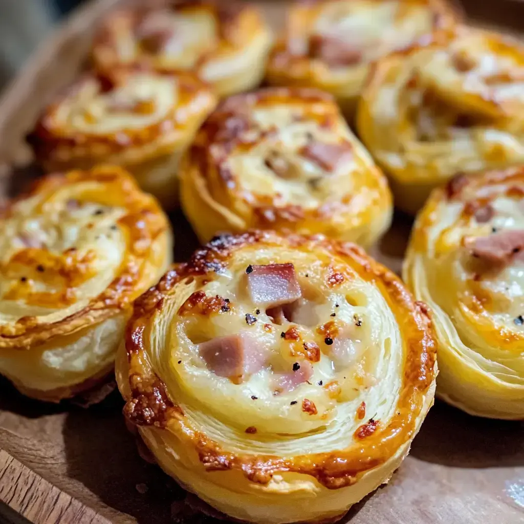 Auf einem Holzbrett liegen goldbraune, aufgerollte Blätterteigsnacks mit Schinken und Käse.