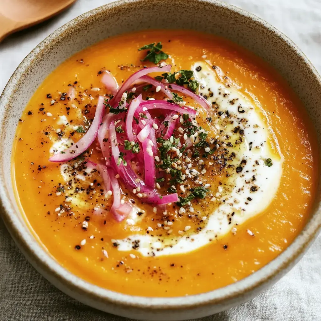 Eine samtige Karottensuppe, verziert mit Sesam, frischen Kräutern, roten Zwiebeln und einem Sahne-Klecks.