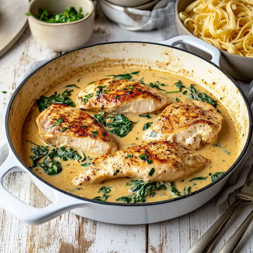 Eine große Pfanne mit gebratenem Hähnchen in cremiger Spinatsauce, dazu frische Kräuter und eine Schale Pasta im Hintergrund.