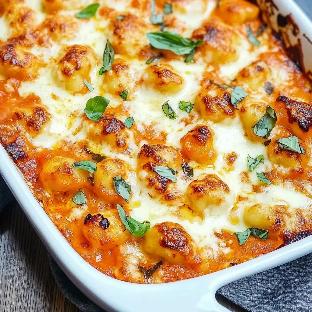 Gnocchi mit Tomatensauce, geschmolzenem Käse und frischen Kräutern überbacken.