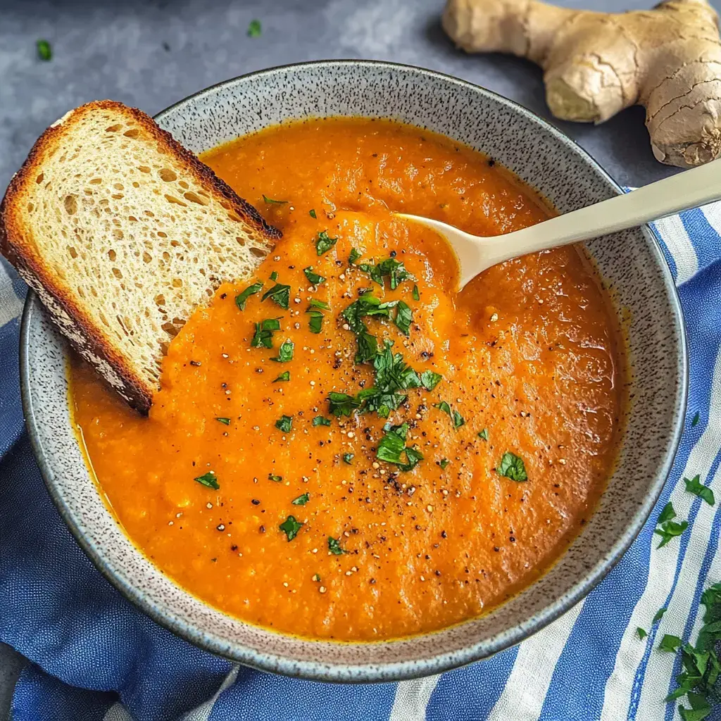 Eine dampfende Schale mit sämiger Linsensuppe, frische Petersilie obendrauf und ein Stück Brot daneben, daneben liegt etwas Ingwer.