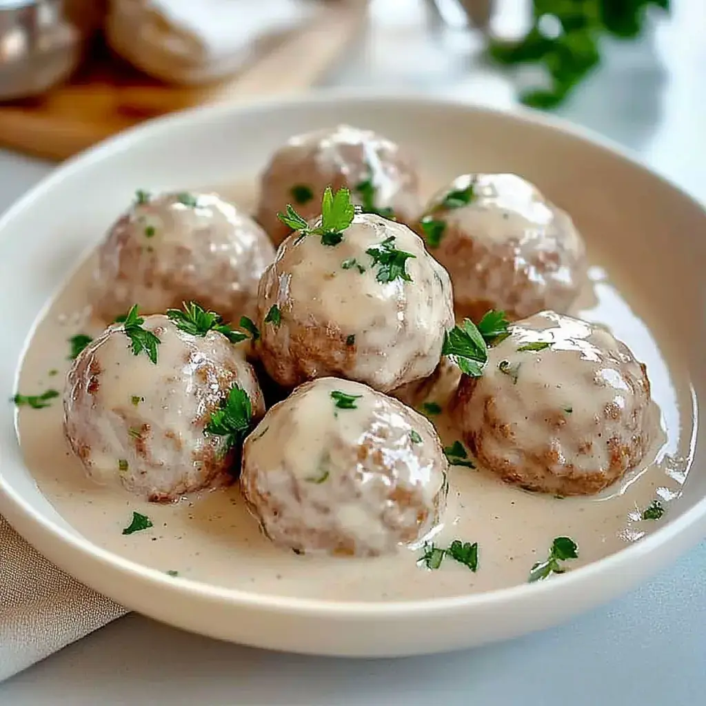 Sechs lockere Fleischbällchen in heller Sauce, garniert mit Petersilie, angerichtet in einer Schüssel.