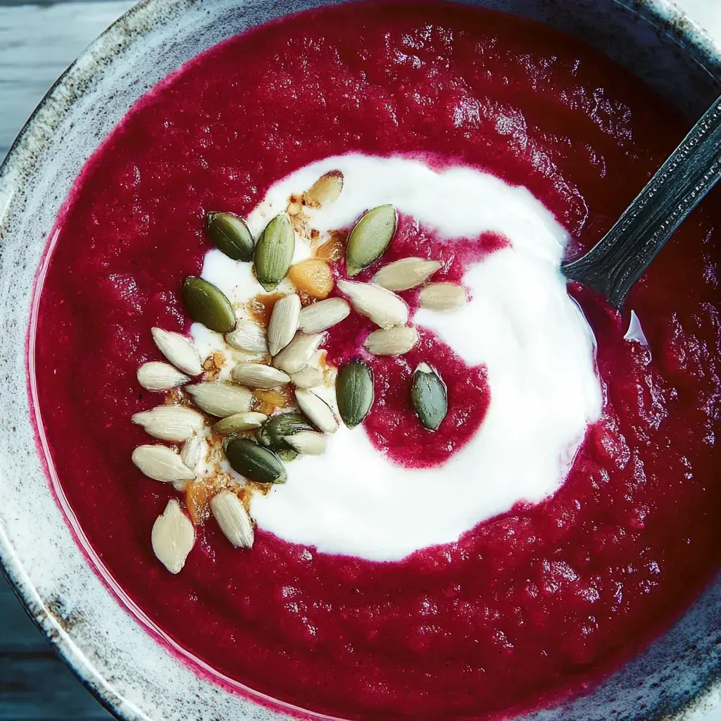 Eine Portion rote Suppe in einer Schüssel, verziert mit Sahne und ein paar Körnern.
