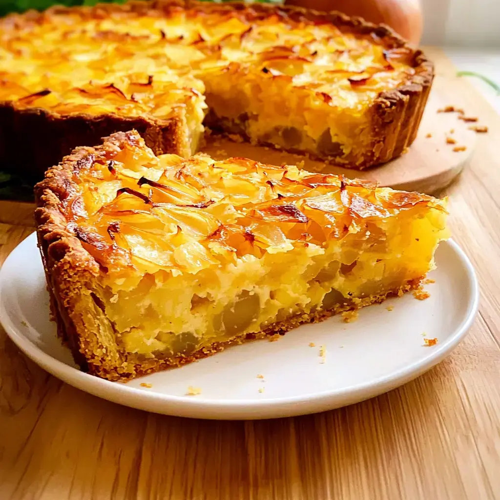 Ein goldbraunes Kuchenstück mit krossem Rand liegt auf einem weißen Teller, daneben steht die ganze Torte auf einem Holzbrett.