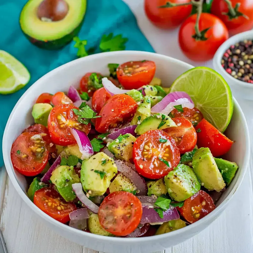 Schüssel mit buntem Avocado-Tomaten-Mix, dazu rote Zwiebeln, Koriander und Limettenscheibe. Drumherum frische Tomaten und Avocado.
