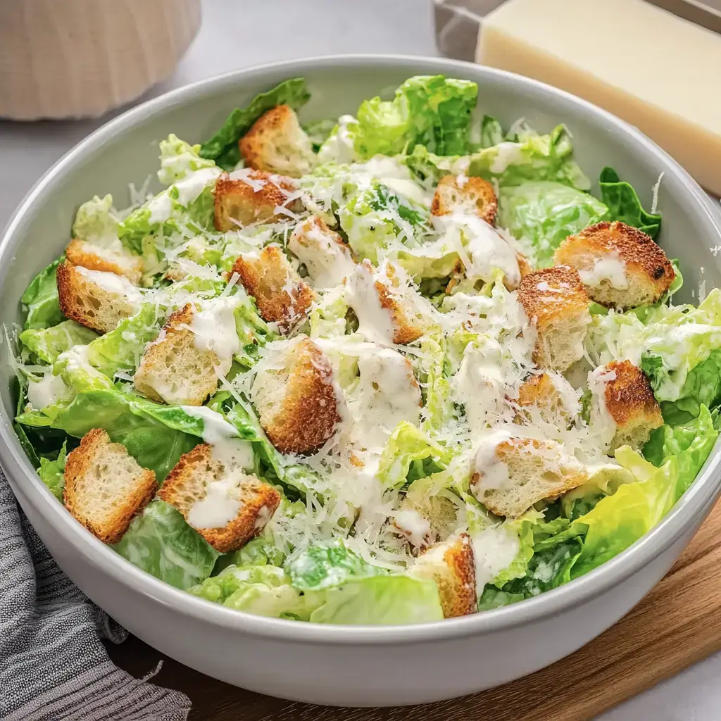 Frischgerührter Caesar mit Romanasalat, Croûtons und Parmesan in einer großen Schale.