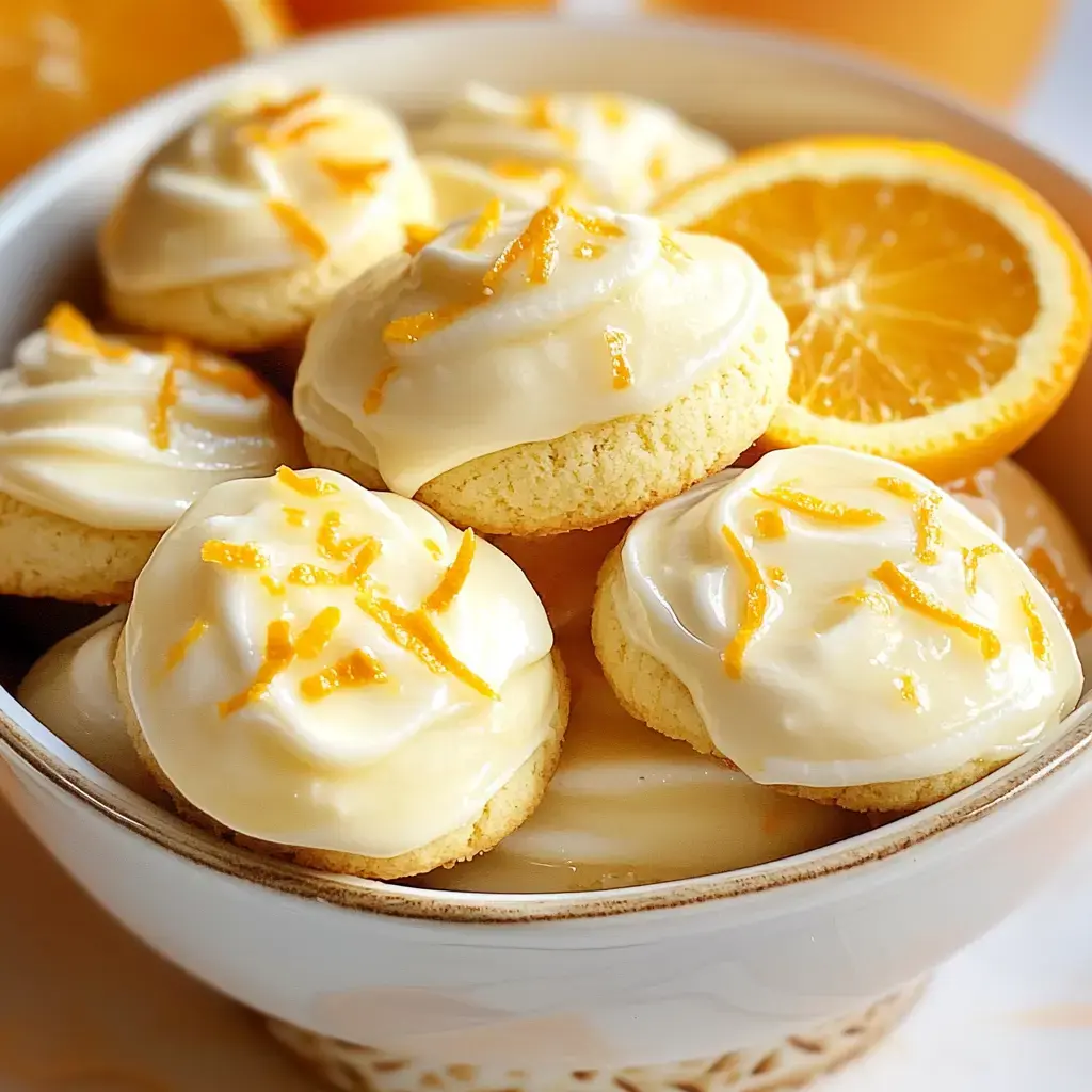 Eine Schale voller frisch gebackener, orangefarbener Kekse mit einer cremigen Glasur und Orangenschale oben drauf dekoriert.