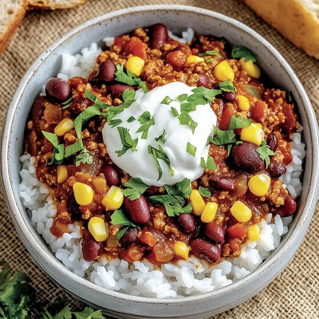Reisschüssel voll mit würzigem Chili aus Bohnen, Mais und Sojaschnetzel, daneben ein Löffel veganer Sauerrahm, garniert mit Koriander.