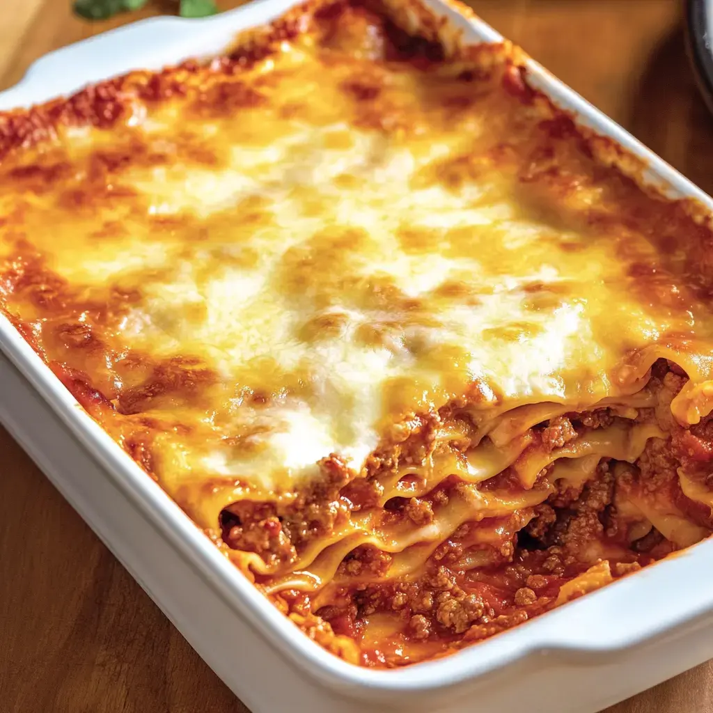 Frisch gebackene Lasagne mit goldbrauner Käsekruste und pikanter Füllung in einer weißen Form.