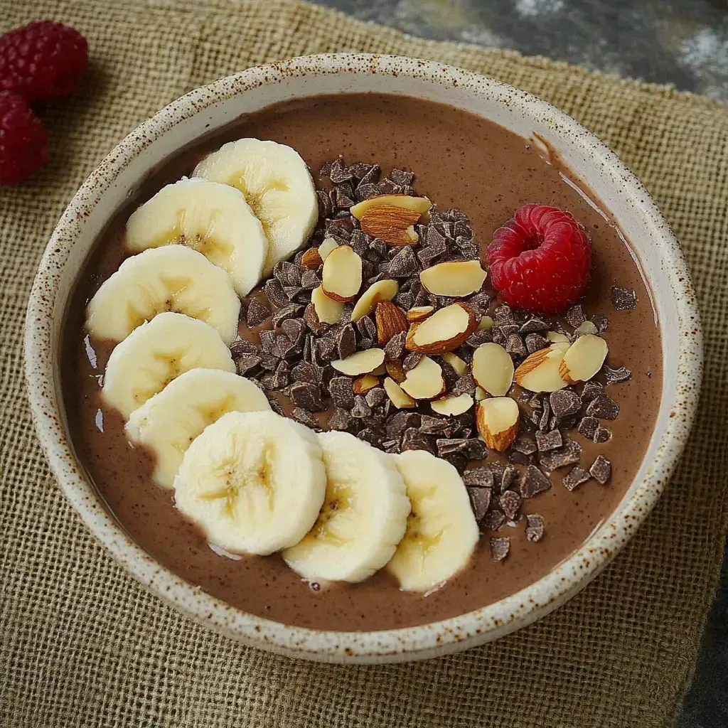 Eine Bowl mit schokoladigem Smoothie, oben drauf Bananenscheiben, Schokostückchen, Mandelblättchen und eine Himbeere als Deko.