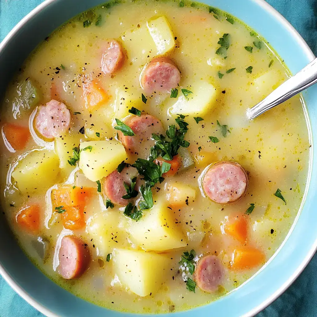 Eine dampfende Suppe mit Kartoffel- und Möhrenstücken plus Wurstscheiben, bestreut mit frischer Petersilie.