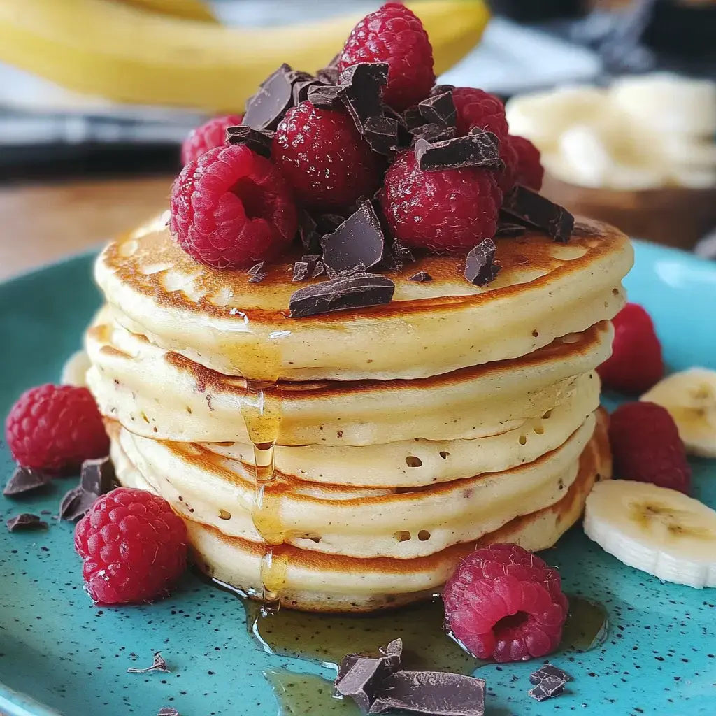 Ein hoher Turm aus fluffigen Pfannkuchen mit frischen Himbeeren, Sirup und Schokosplittern auf einem blauen Teller.
