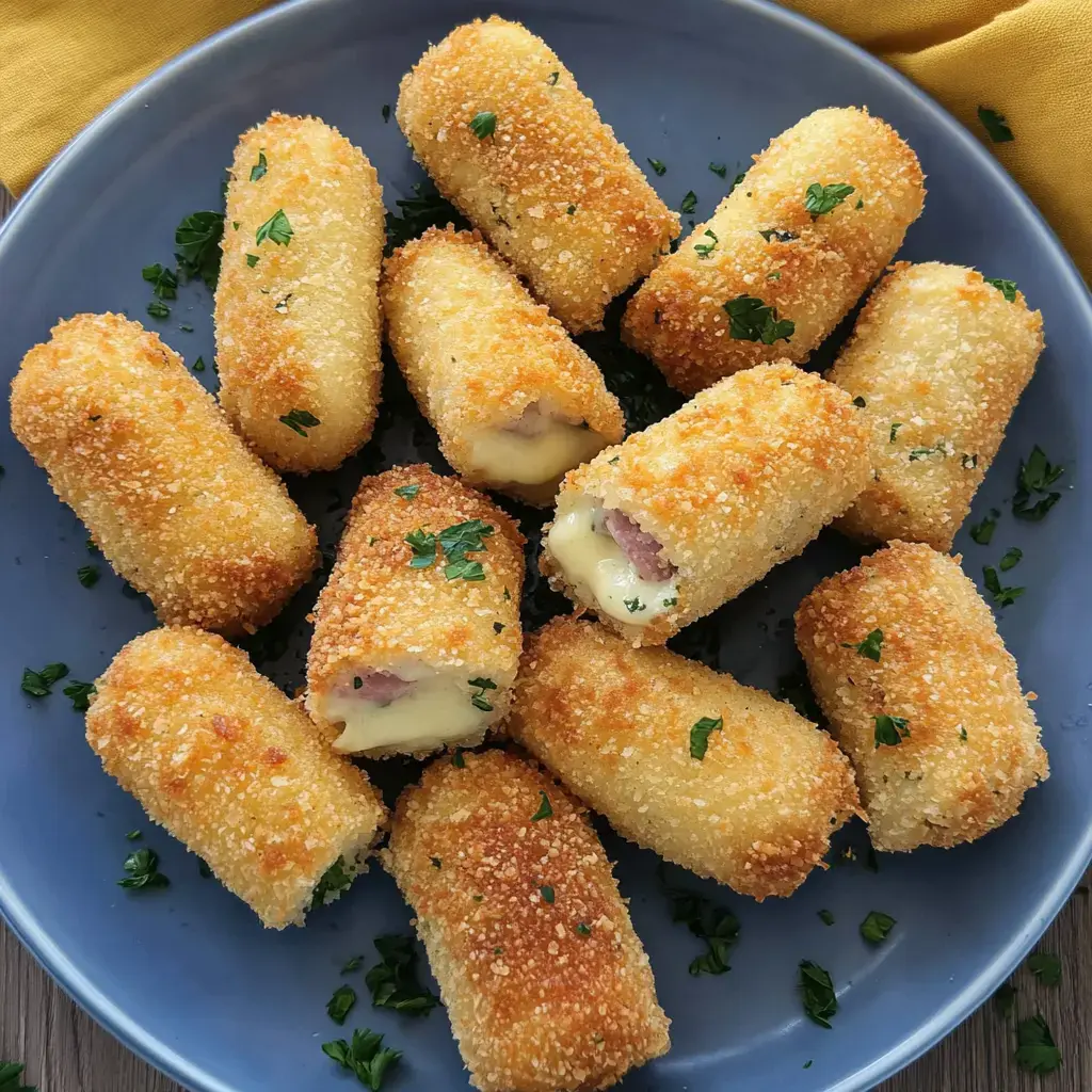 Zu sehen ist ein blauer Teller mit goldenen Röllchen, gefüllt mit Schinken und Käse, bestreut mit frischer Petersilie.