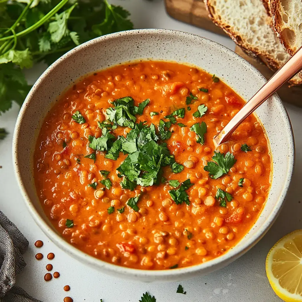Ein Teller Linsensuppe mit frischem Koriander, dazu Brot und ein Stück Zitrone auf dem Tisch.