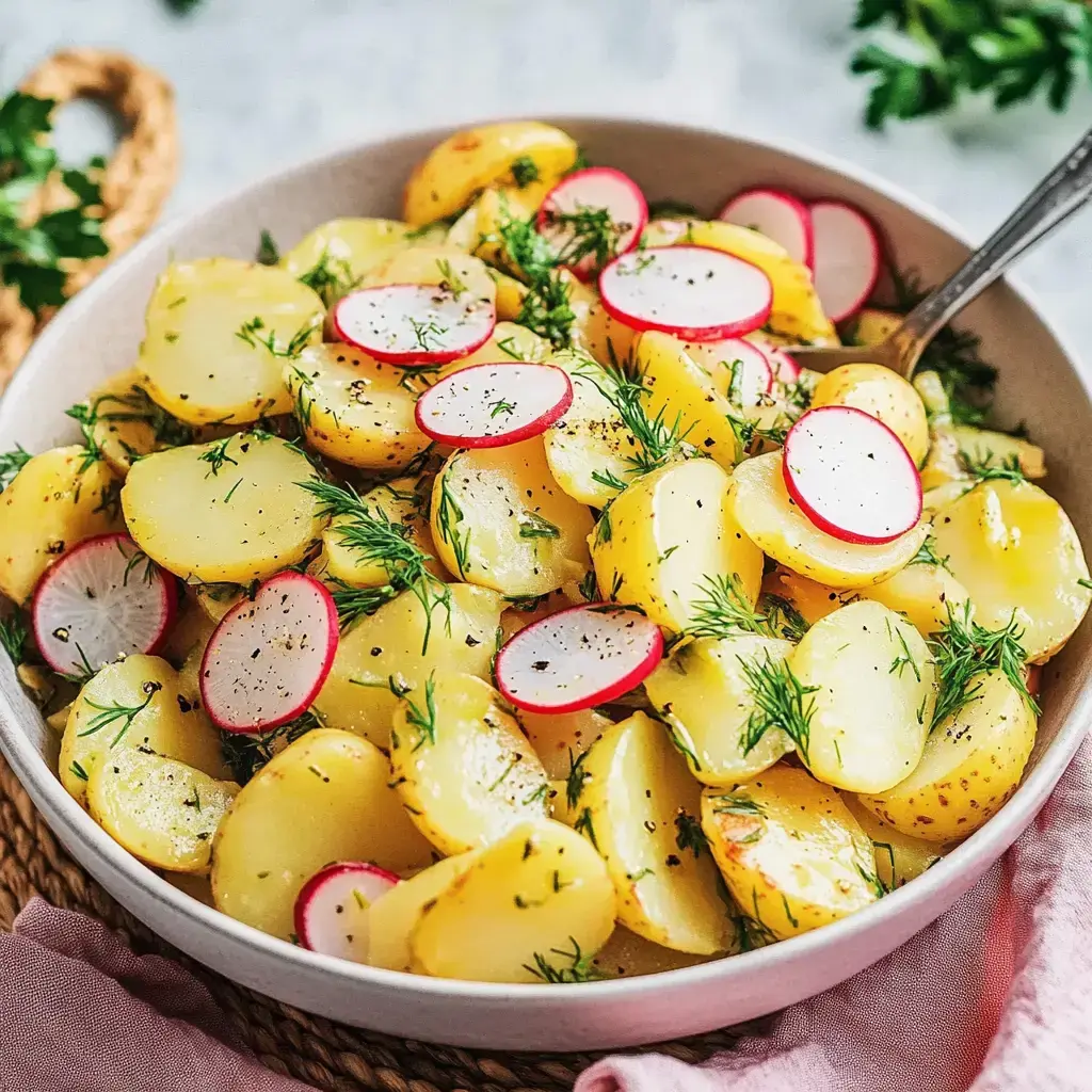 Kartoffelsalat bunt gemischt mit Radieschen und frischem Dill in einer Schüssel