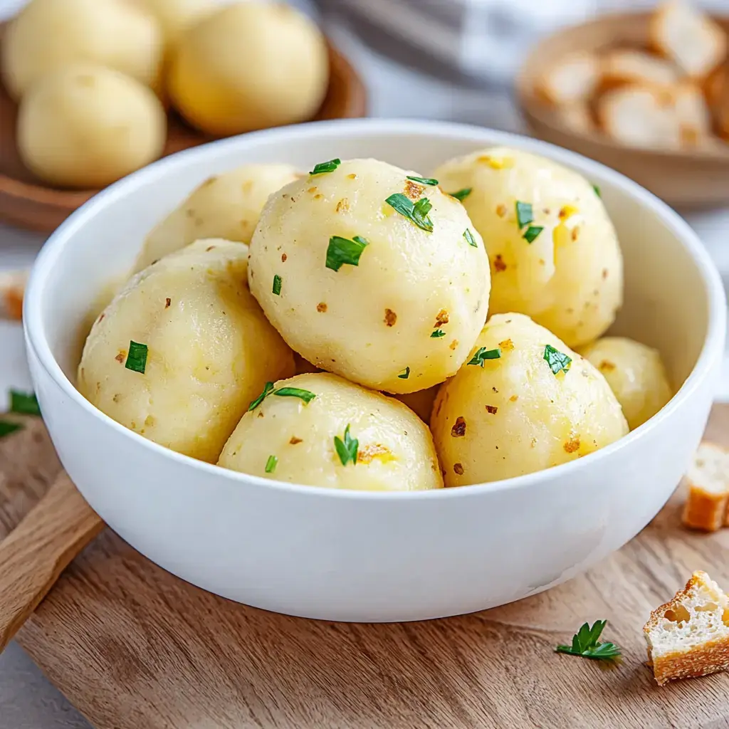 Eine große Schüssel voller Kartoffelknödel, getoppt mit frischer Petersilie, steht auf einem hölzernen Brett.