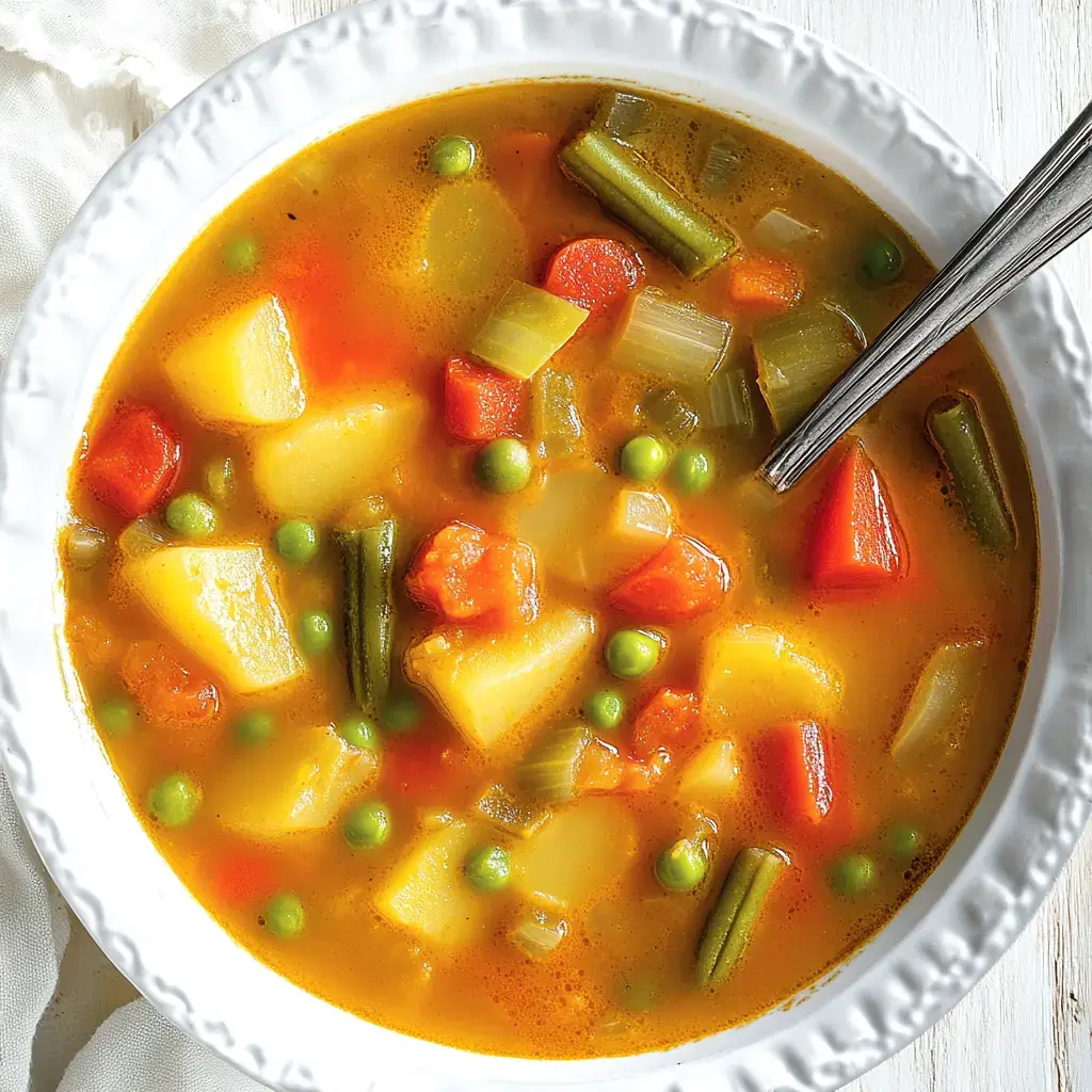 Ein Teller bunte Gemüsesuppe mit Kartoffeln, Karotten, Erbsen und Sellerie.