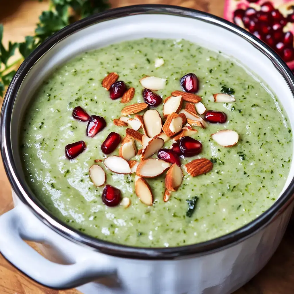 Auf rustikalem Holz steht eine grüne, cremige Suppe mit Mandeln und Granatapfelkernen in der Schüssel.
