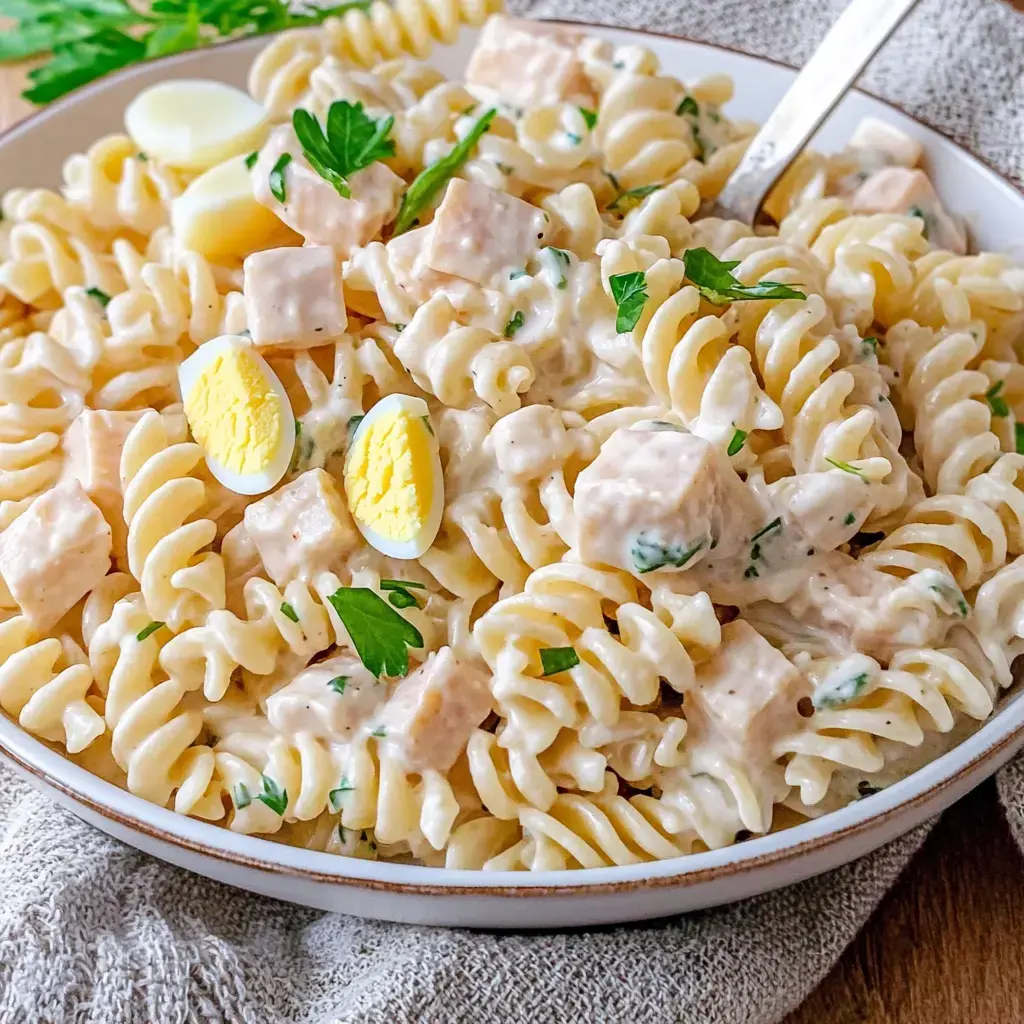 Auf einem Teller liegen Fusilli-Nudeln in cremiger Soße, dazu gebratene Hähnchenstücke, frische Petersilie und gekochte halbe Eier.