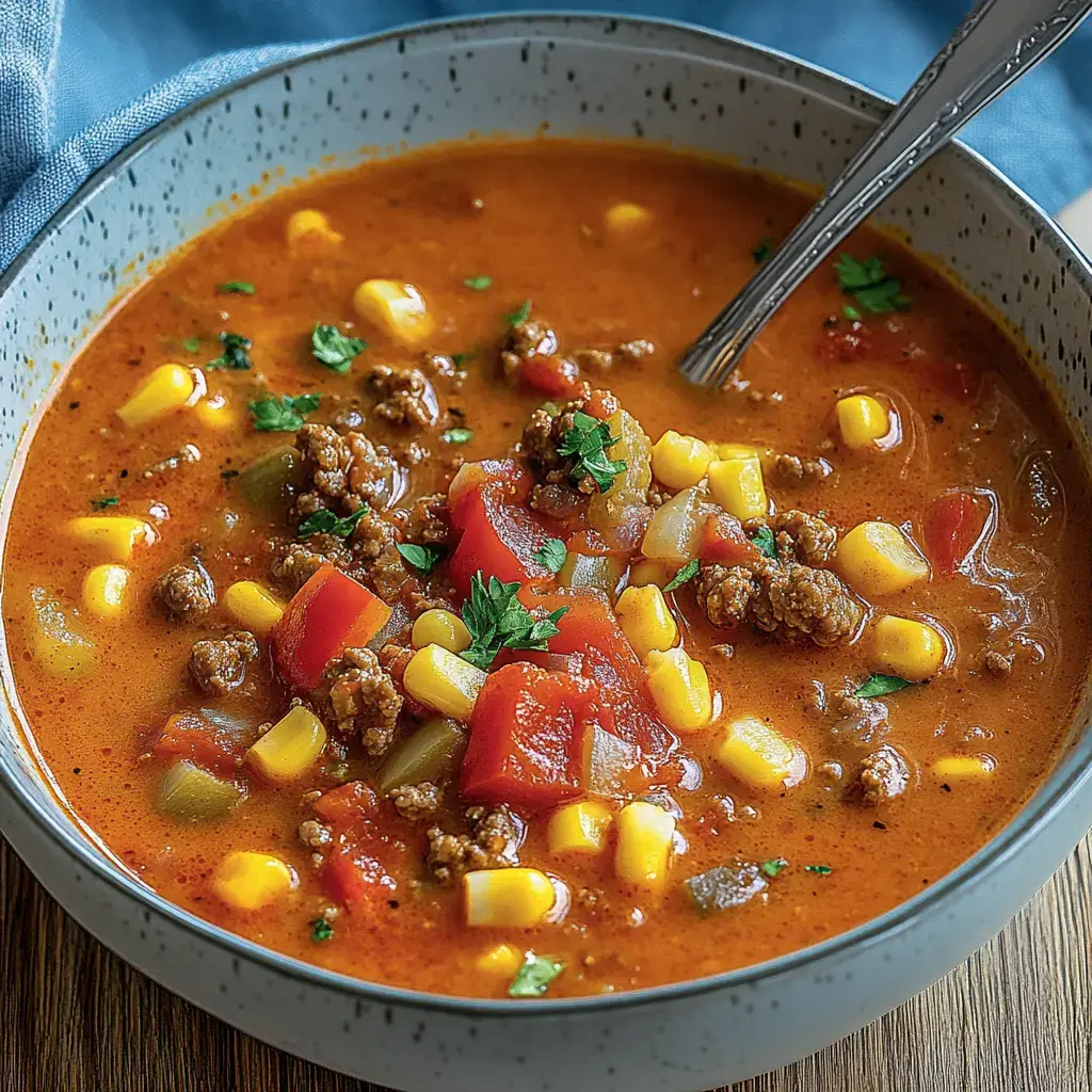 Eine dampfende Schale gefüllt mit Hackfleisch, Tomaten, Mais und Kräutern.