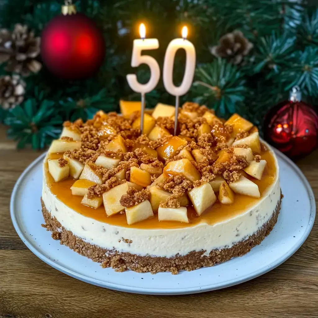 Auf dem Foto siehst du einen cremigen Kuchen mit Apfelstücken und Karamell, verziert mit einer Kerze '50', vor einem weihnachtlichen Hintergrund.