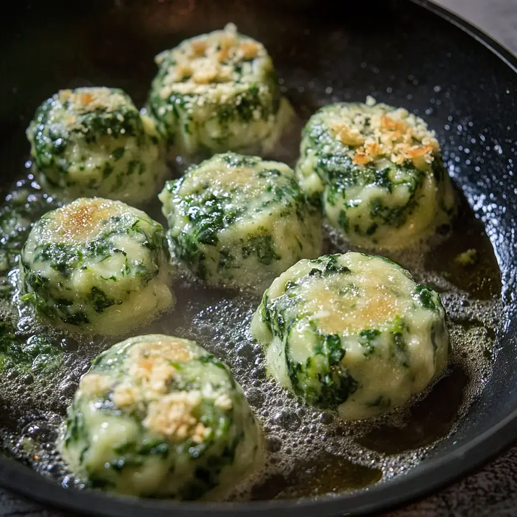 In einer großen Pfanne schwelgen grüne Spinatknödel in heißer, goldener Butter.