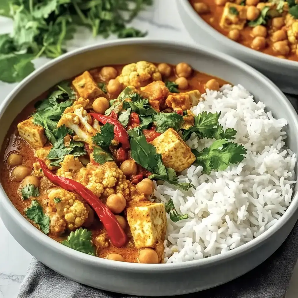 Auf einem Teller liegen Reis, würziges Gemüse aus Blumenkohl, Kichererbsen und Tofu, garniert mit viel Koriander und roten Chili.