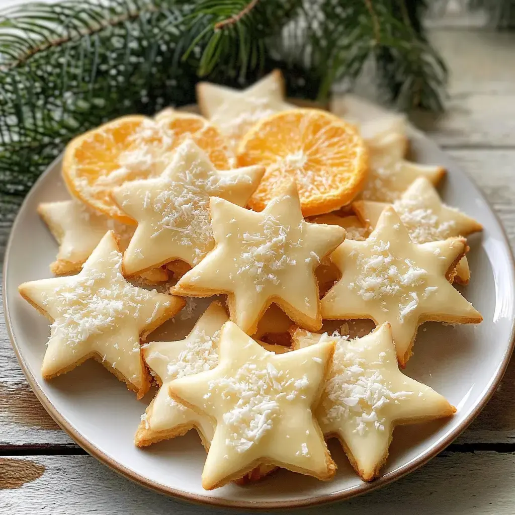 Auf einem Teller liegen Sterne-Kekse mit weißem Guss und Kokosstreusel. Dazwischen getrocknete Orangenscheiben und ein kleiner Zweig.
