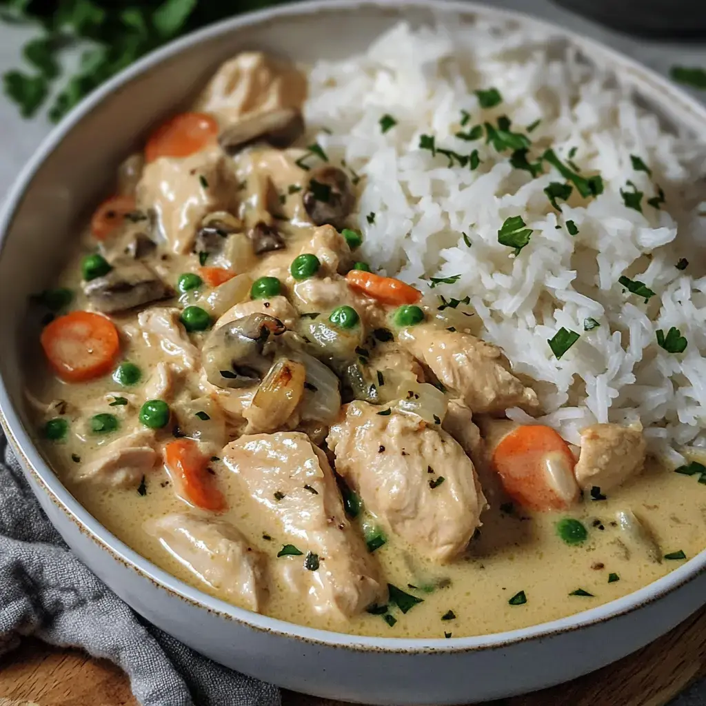 Ein Teller voller cremigem Hähnchen mit Erbsen, Karotten und Pilzen, serviert mit Reis.